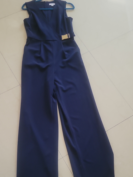Calvin Klein Pants - Calvin Klein Navy Sleeveless Wide-Leg Jumpsuit with Silver Accent